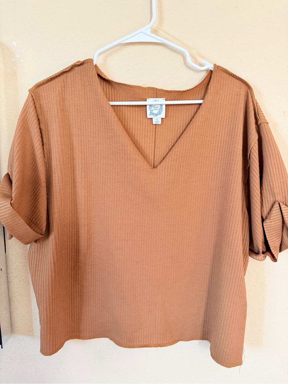 Francesca’s Ribbed V-Neck Boxy Top in Light Brown - Size S
